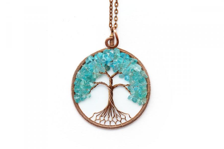 Wedding - Tree-Of-Life Necklace Pendant Tree-Of-Life Jewelry Family Tree Copper Pendant Wire Tree Of Life Wire Wrapped Pendant Blue Apatite Pendant