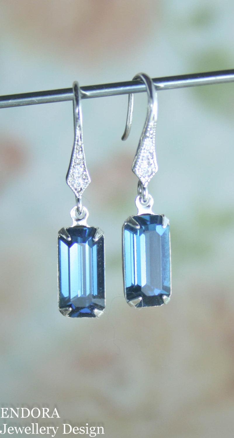 Wedding - blue crystal earrings,vintage style earrings,downton abbey earrings,art deco earrings,swarovski earrings,montana blue earrings,light weight