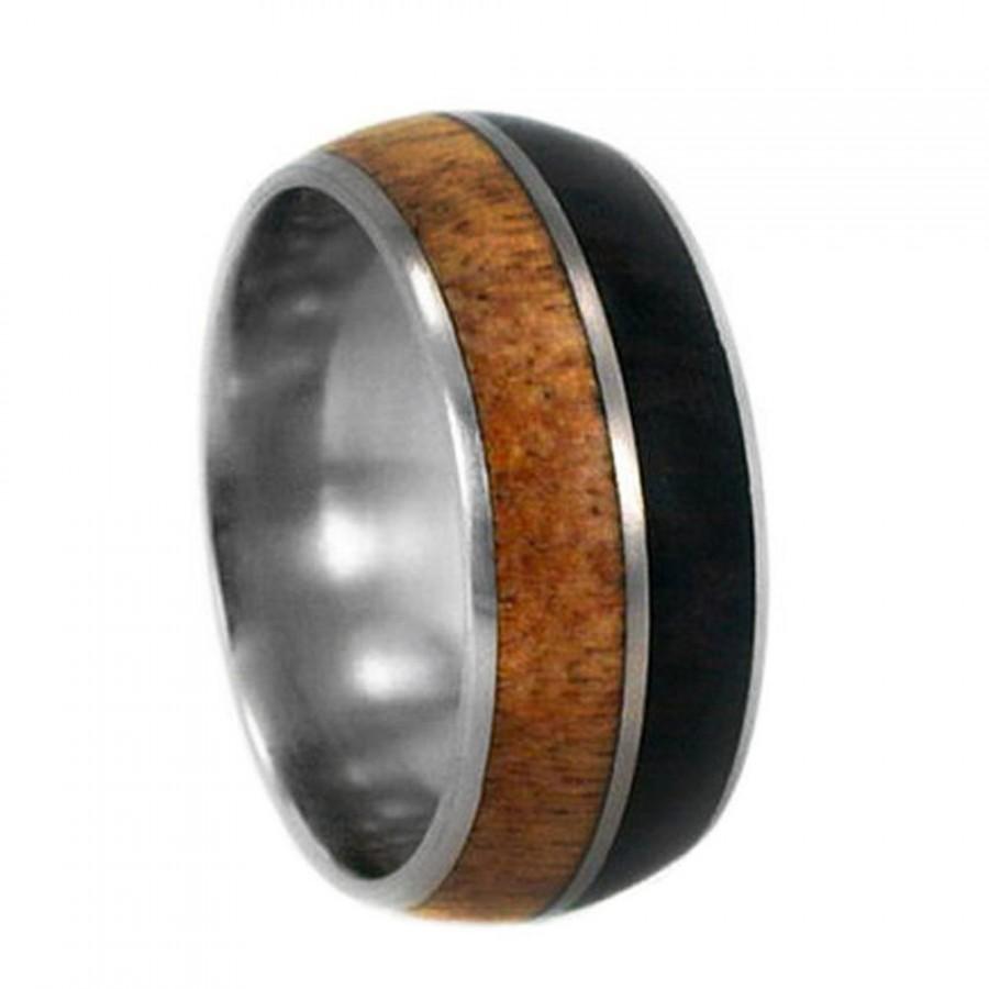Hochzeit - Unique Wood Wedding Band With African Blackwood And Mesquite Burl, Titanium Ring, Engravable Ring