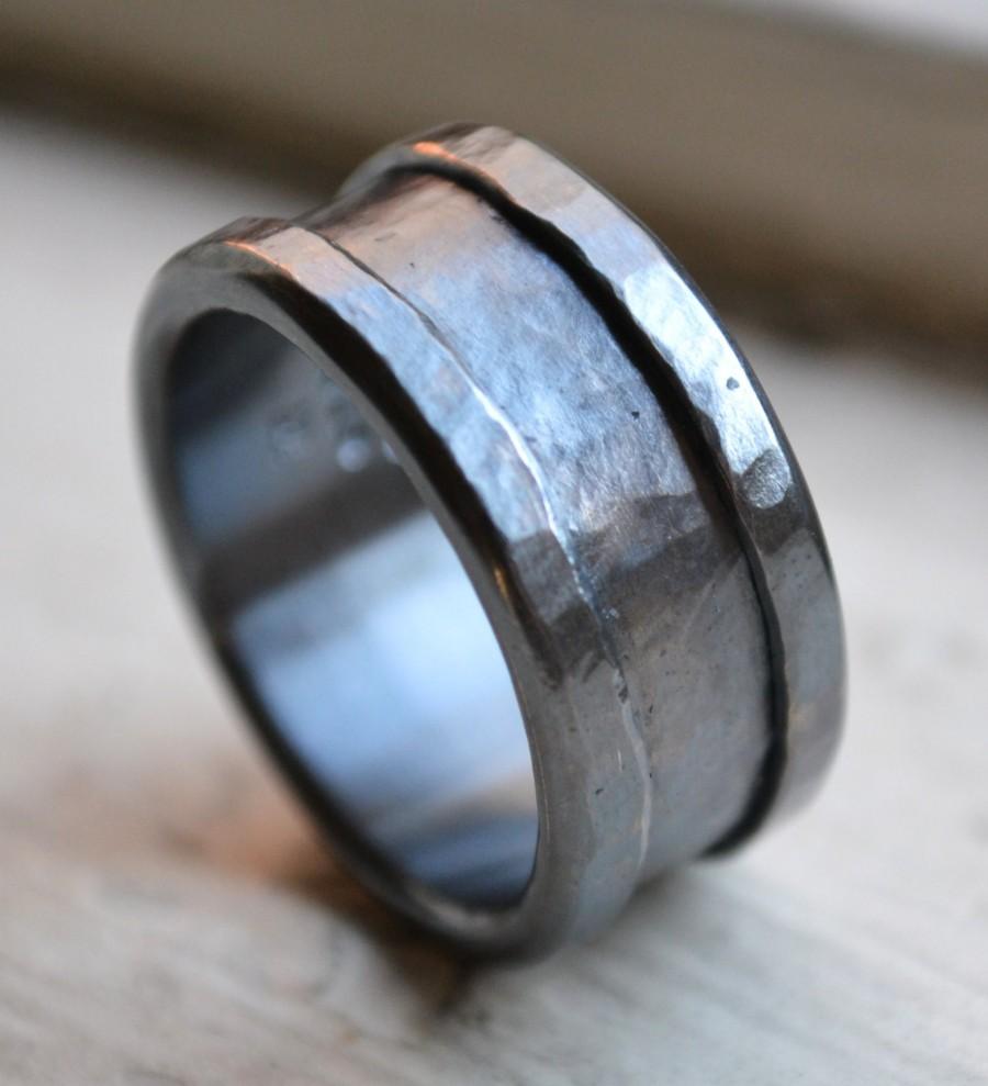 Wedding - custom mens wedding band - oxidized fine silver and sterling silver ring - handmade hammered artisan designed wedding or engagement band