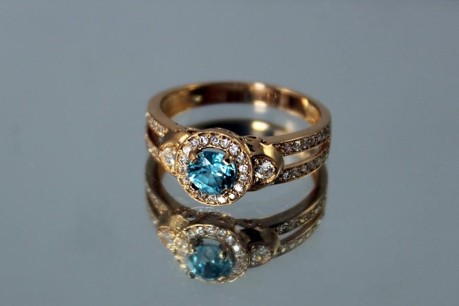 زفاف - Gold Engagement Ring, Zircon Ring, Birthstone ring, Gemstone ring, Engagement ring, Halo ring, Birthstone halo ring, Blue stone ring