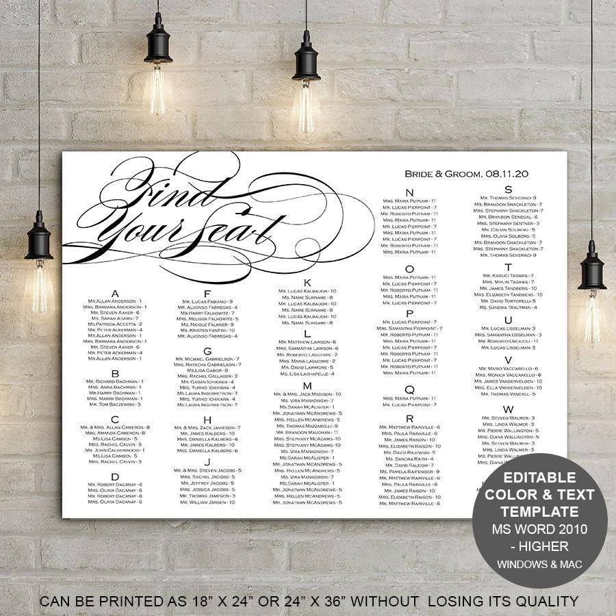 Hochzeit - Printable, Wedding seating chart, template, Find your seat, sign, seating chart printable, alphabetical, instant download, S8