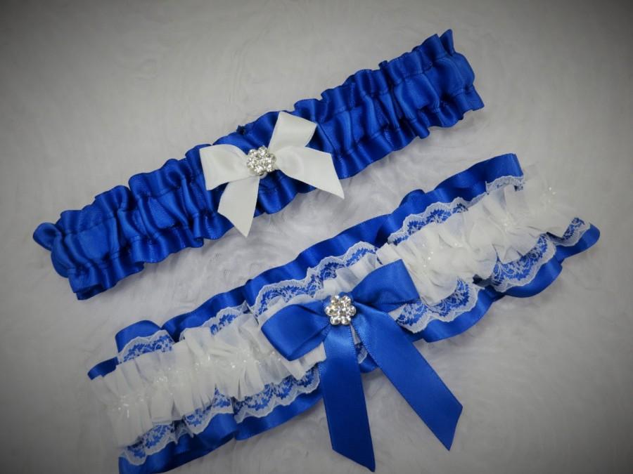 Wedding - Royal Blue Garter, Blue Garter Set, Something Blue, White Lace Garter, Keepsake Garter, Toss Garter, Garter for Prom