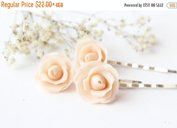 زفاف - SALE Ivory rose hair pin set of 3, hair clips, blossom, Wedding hair accessories, Bridal hair flower, Bride flower pin, Rustic wedding