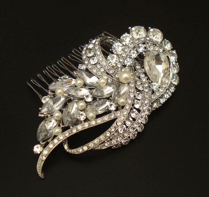 زفاف - Vintage Style Bridal Rhinestone Hair Comb with Ivory or White Swarovski Pearls or Without Pearls or Only Brooch for Less