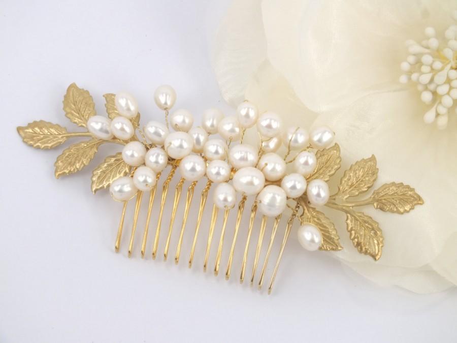 زفاف - Queen Juno - Freshwater Pearl and Golden Leaves Bridal Comb