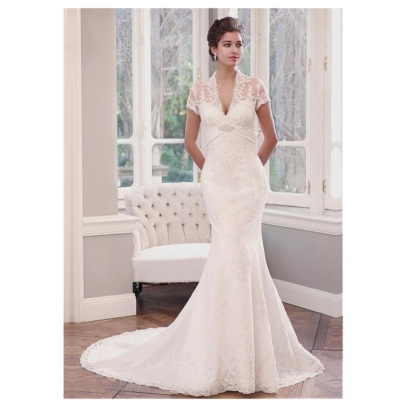 زفاف - Graceful Tulle & Satin Mermaid V-neck Empire Waistline Wedding Dress With Beaded Lace Appliques - overpinks.com