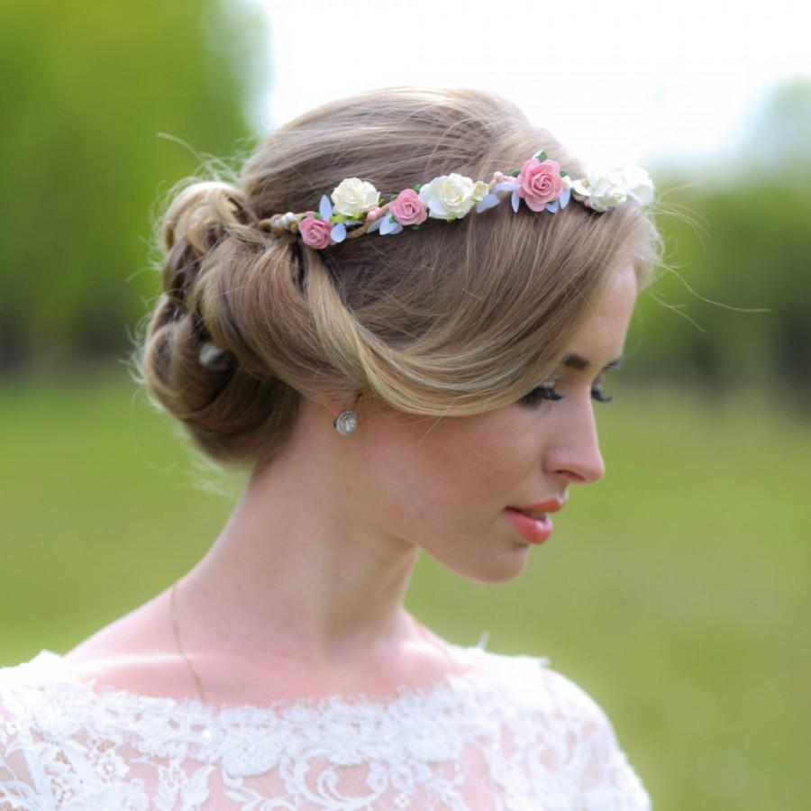 Hochzeit - Pink and Ivory Flower crown, wedding flower crown,  floral head wreath, bridal headband, Bridal crown, Rustic hair wreath.