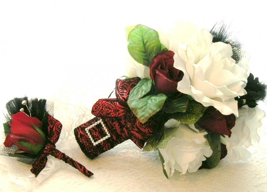 Mariage - 50% OFF COUPON CODE, Bridal Bouquet in White and Red Roses, Black Feather and Rhinestone Accents and Red and Black Damask Ribbon