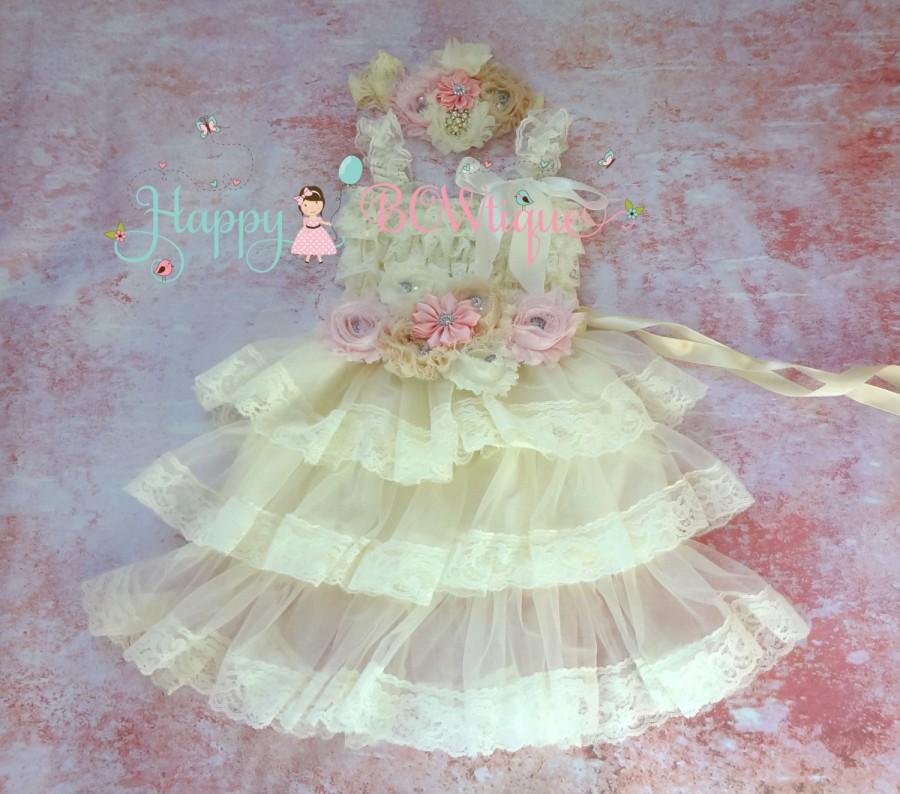 Свадьба - Flower girls dress- Embellished Ivory ruffle Lace dress set, Ivory Dress,baptism,baby dress, Birthday dress, Rustic wedding, Burlap dress