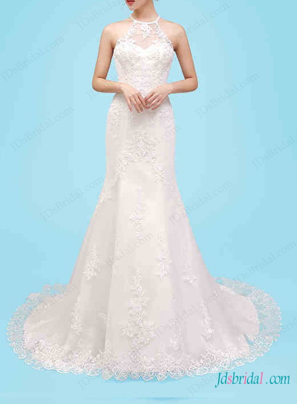 Hochzeit - H1455 Sexy illusion halter neck lace mermaid wedding dress