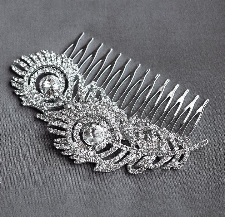Hochzeit - Rhinestone Bridal Hair Comb Wedding Jewelry Crystal Peacock Feather Side Tiara CM060LX