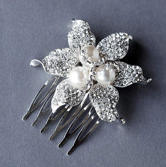 Hochzeit - Rhinestone and Pearl Bridal Hair Comb Accessory Wedding Jewelry Crystal Flower Side Tiara CM026LX