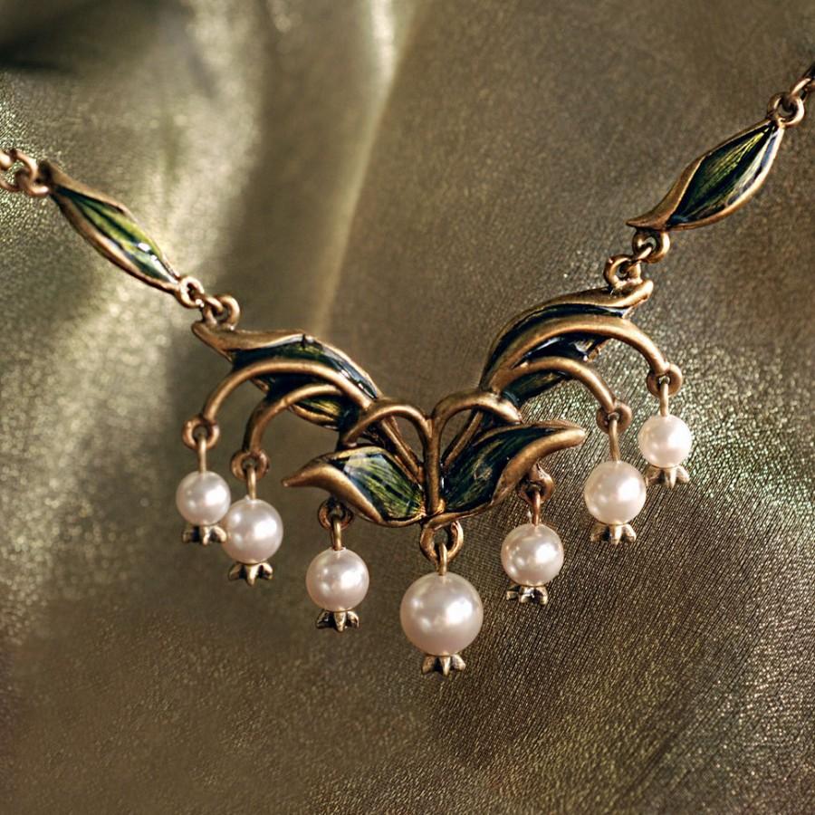 زفاف - Lily of the Valley Wedding Necklace, Lily-of-the-Valley, Wedding Jewelry, Flower Bridal Necklace, Art Nouveau Wedding, Vintage Bride N585