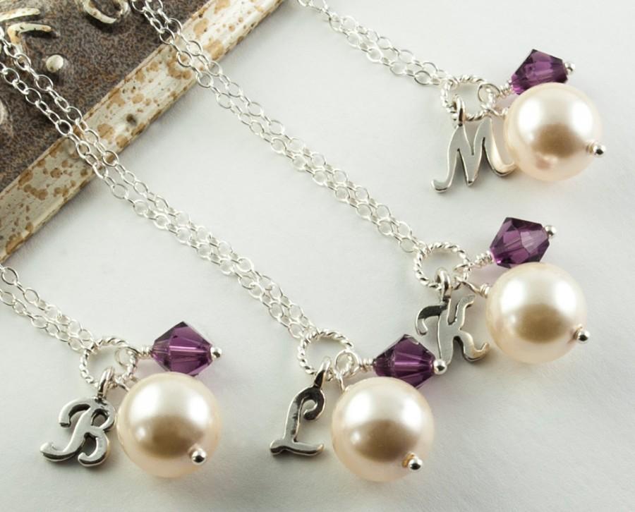 Hochzeit - Personalized Wedding Gift Set of 4 Necklaces Bridesmaid Jewelry Set of 4 Necklaces Bridesmaid Necklaces February Birthstone Necklaces