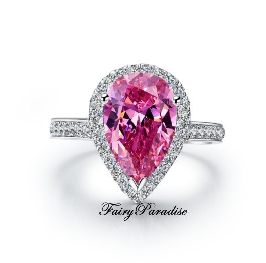 زفاف - 3 Ct Pear Cut man made fancy pink halo engagement ring / promise ring / tear drop ring / right hand ring with gift box -made to order