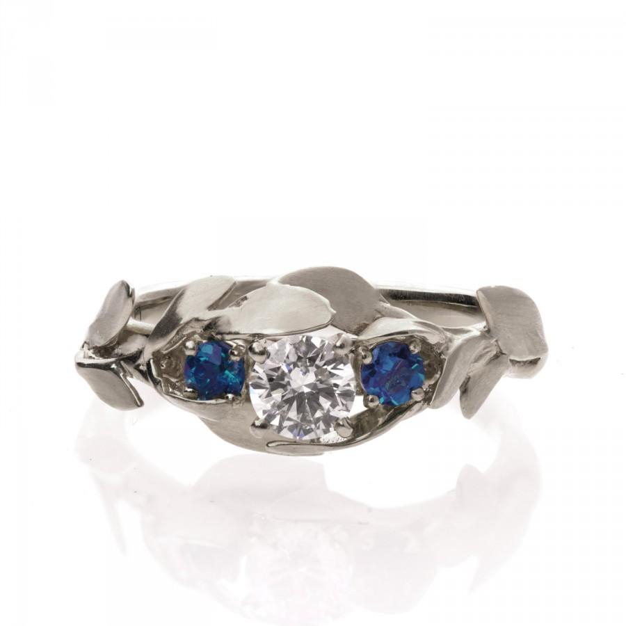 زفاف - Leaves Engagement Ring No. 8 - Platinum Diamond engagement ring, 3 Stone Ring, Three stone ring, engagement ring,Platinum leaf ring