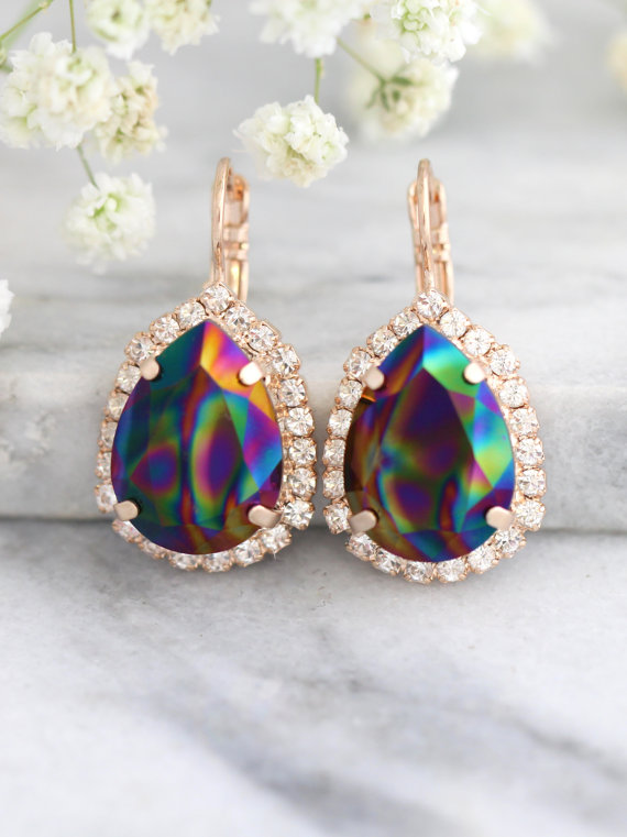 Hochzeit - Rainbow Earrings, Peacock Earrings, Bridal Swarovski Earrings, Black Green Earrings, Rainbow Drop Earrings, Gift For Her, Drop Earrings
