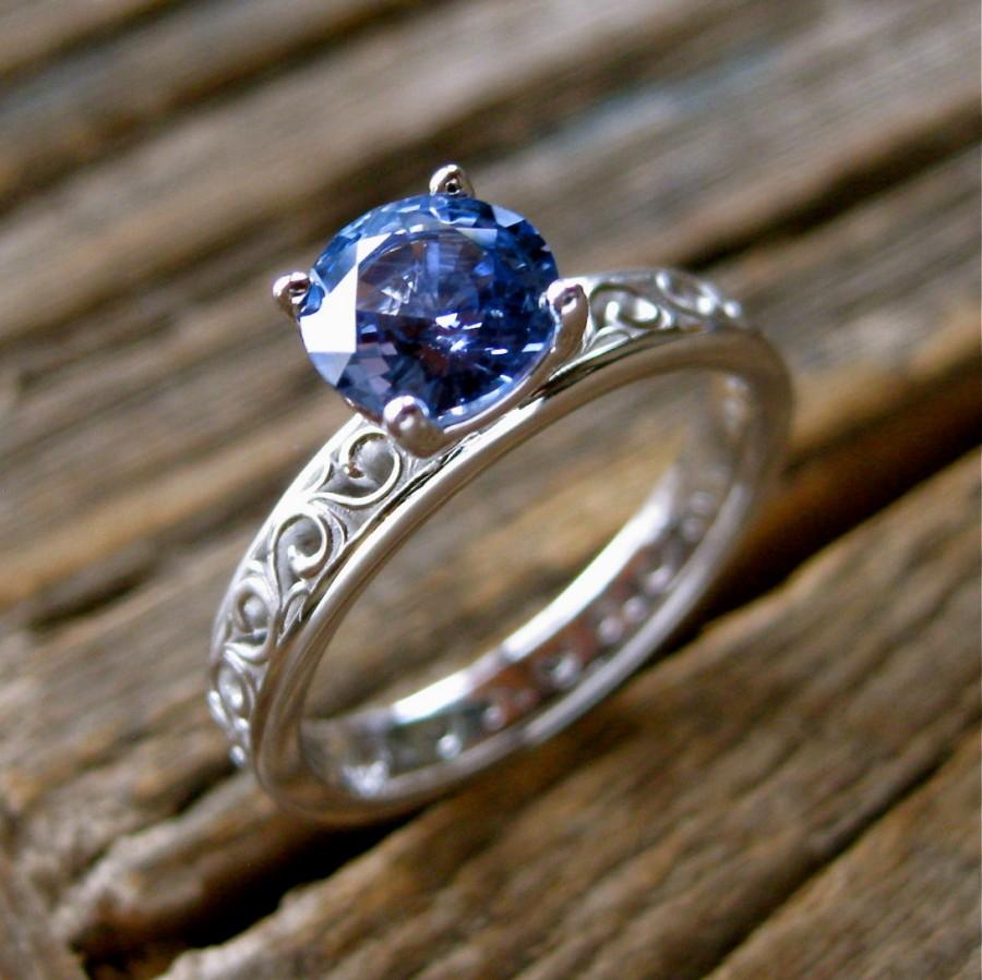 Hochzeit - Light Blue Sapphire Engagement Ring in 18K White Gold with Floral Scroll Pattern Size 5