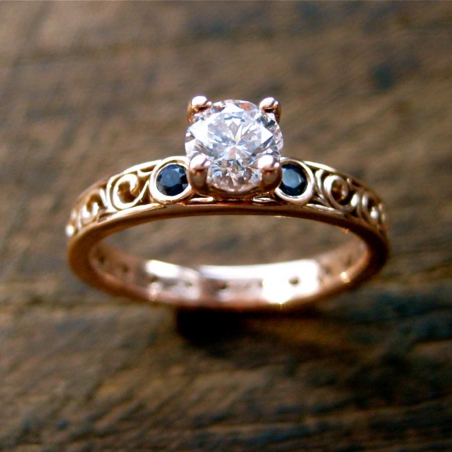 زفاف - Diamond & Blue Sapphire Engagement Ring in 14K Rose Gold with Vintage Style Scrolls Size 5