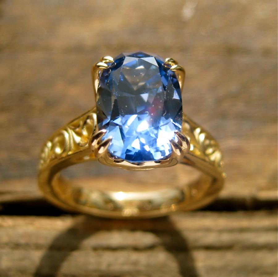 زفاف - Large Blue Sapphire Engagement Ring in 18K Yellow Gold with Double Claw Prongs and Scrolls on Shank & Basket Size 7