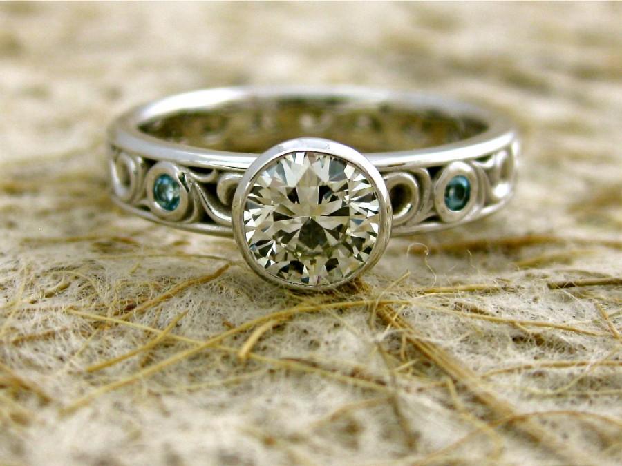 زفاف - Diamond Engagement Ring in 14K White Gold with Blue Topaz Accents and Exquisitely Detailed Scroll Work Size 6