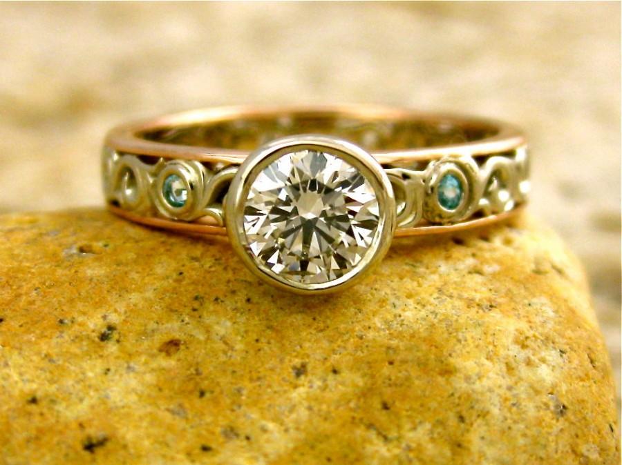 زفاف - Diamond & Blue Topaz Engagement Ring in Two Tone 14K White and Rose Gold with Scrolls Size 5