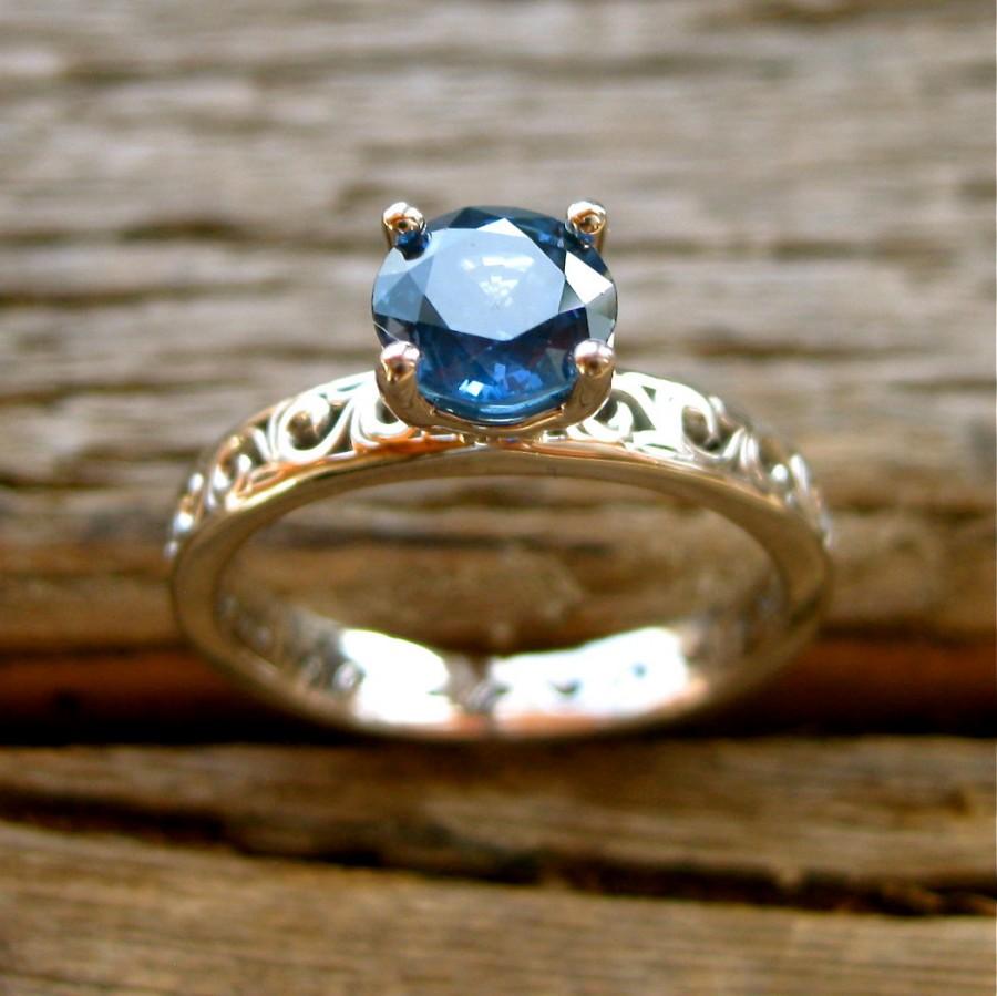 Wedding - Blue Ceylon Sapphire Engagement Ring in Palladium with Vintage Inspired Scroll Pattern Size 5