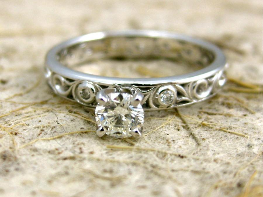 Wedding - Diamond Engagement Ring in 14K White Gold with Scroll Pattern and 4 Prong Setting Size 6