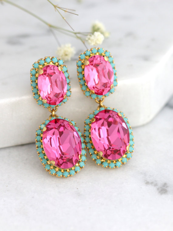 Hochzeit - Pink Chandeliers, Pink Turquoise Earrings, Mint Pink Earrings, Swarovski Chandelier Earrings, Pink Turquoise Chandeliers,Bridal Earrings