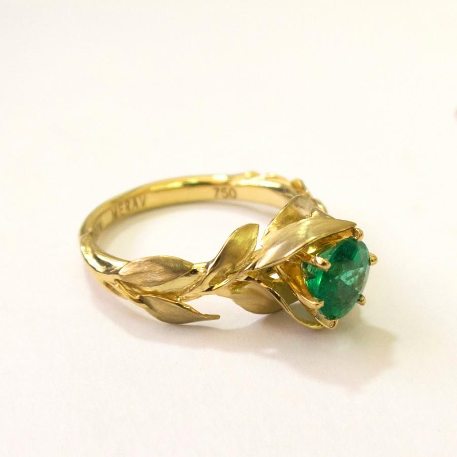 زفاف - Leaves Engagement Ring - 18K Gold and Emerald engagement ring, unique engagement ring, leaf ring, vintage, Alternative Engagement Ring, 7