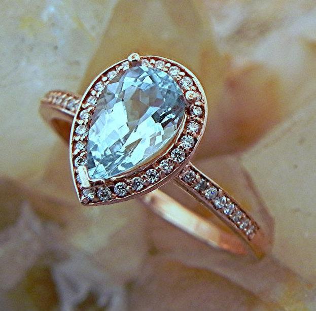 Hochzeit - AAA Pear shape Blue Green Aquamarine 1.29 Carats in 14K Rose gold ring .30cts of diamonds. B107 1573
