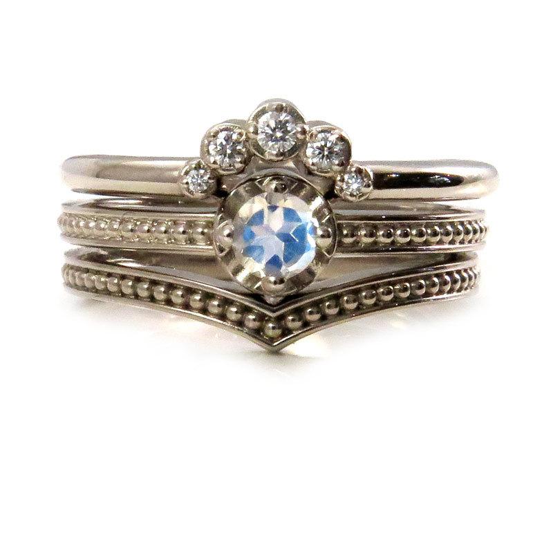 Mariage - Moonstone and Diamond Stacking Engagement Ring Set - 14k White, Yellow or Rose Gold