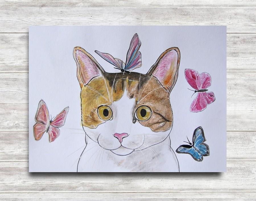Свадьба - Pixie - original watercolor painting, cat portrait, cat art, butterflies, colorful, cat face, animals