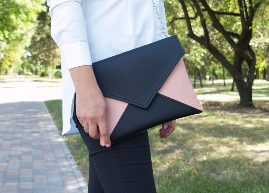 زفاف - Clutch Bag envelope "Palette" black and pink Clutch Purse Vegan Eco Faux leather Handbag Strap Evening Bag wedding bridesmaid