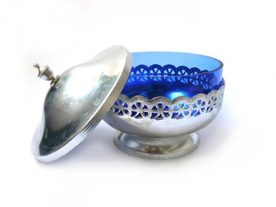 Wedding - Vintage sugar-bowl, Blue Glass Bowl with Silver Plate Base, Blue Candy Bowl, Small silve bowl, Antique Sugar bowl Cobalt Blue Glass  USSR