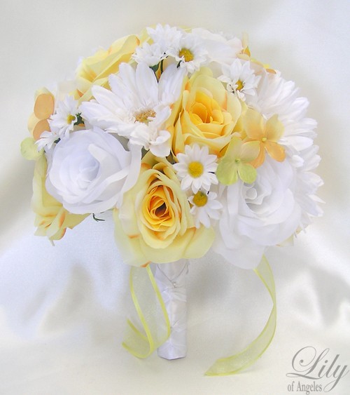 زفاف - 17 Piece Package Wedding Bridal Bride Maid Of Honor Bridesmaid Bouquet Boutonniere Corsage Silk Flower YELLOW WHITE "Lily Of Angeles" YEWT02