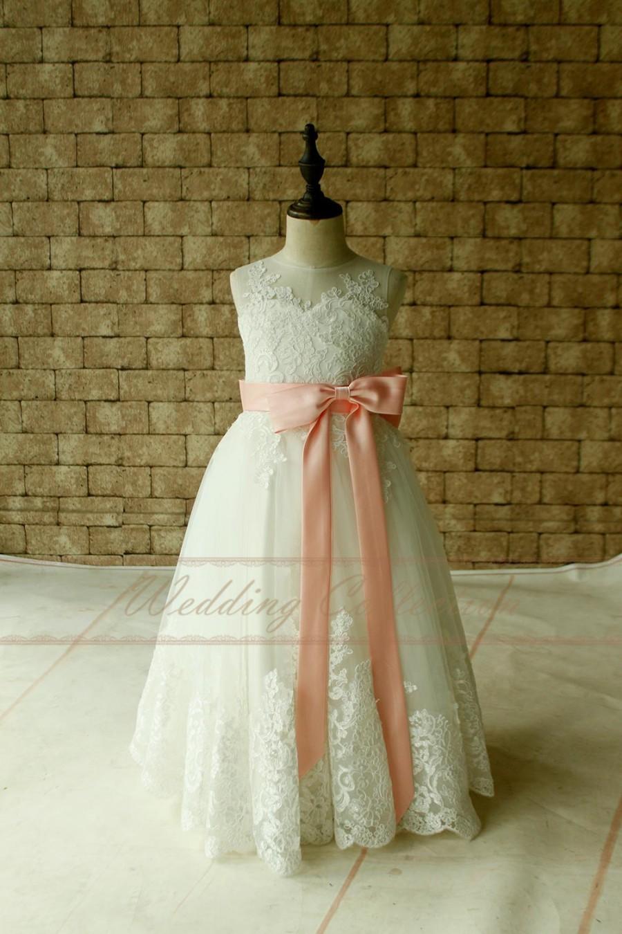 Hochzeit - Ivory Lace Applique Flower Girl Dress Ankle Length with Blush Pink Sash and Bow