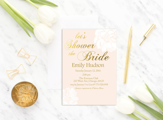 Mariage - Floral Bridal Shower Invitation Printable, Pink Bridal Shower Invite, Gold and Pink, Wedding Shower Invitation, blush pink, modern, digital
