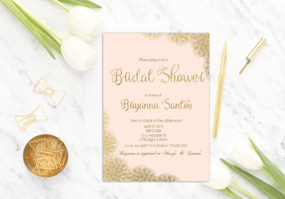 Hochzeit - Pink and Gold Bridal Shower Invitation Printable, Lace, Gold Glitter, Blush Pink, Elegant Bridal Shower Invite, Wedding Shower Invite Modern