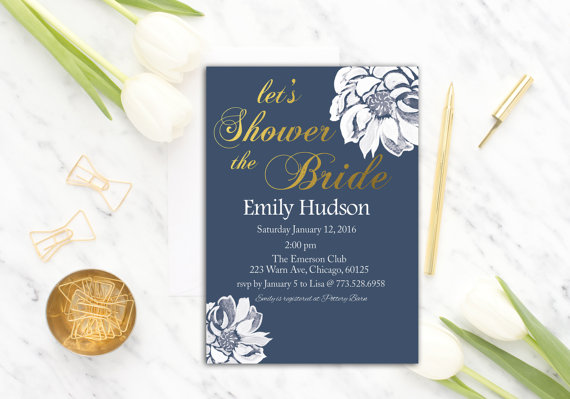 زفاف - Navy Bridal Shower invitation Printable, flower, Floral bridal shower invite, modern, wedding shower invitation, navy and gold, digital, diy