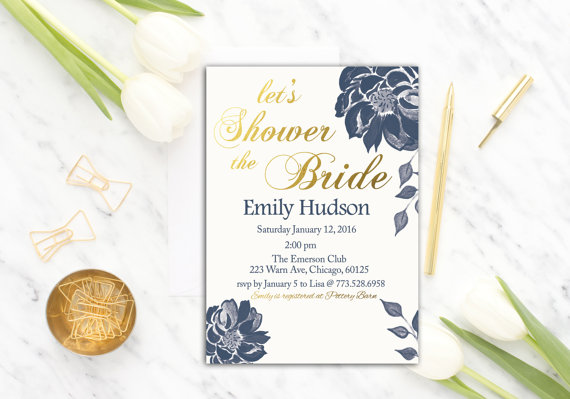 Wedding - Navy Bridal Shower Invitation Printable Flower, Floral Bridal Shower Invite, Navy Gold, Digital, Wedding Shower Invitation, PDF, Template