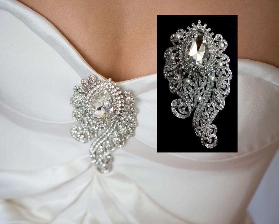 Wedding - Art Nouveau Wedding Brooch, Pearl Bridal Broach, Bridal Dress Jewelry, Bustier Broach, Swarovski Crystal Wedding Jewelry Gift, INGGRID