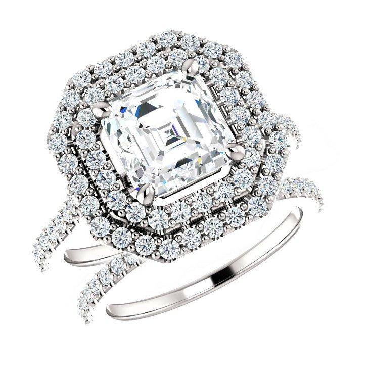 زفاف - 6.5mm Asscher Forever One Moissanite & Diamond Wedding Set 14k, 18k or Platinum Moissanite Engagement Rings for Women