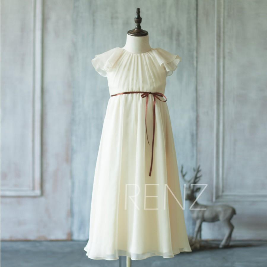 زفاف - 2016 Beige Junior Bridesmaid Dress, Ruffle Sleeve Flower Girl Dress, Brown Belt Floor length (LK063B)