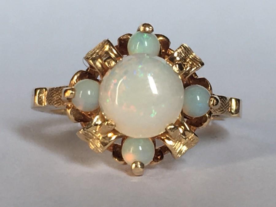 زفاف - Vintage Opal Ring. 5 White Opals. 14K Yellow Gold Etched Setting. Unique Engagement Ring. October Birthstone. 14th Anniversary Gift.