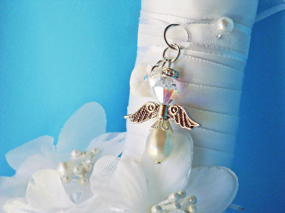 Wedding - White Wedding Angel Bouquet Charm Swarovski Crystal and Pearl Bridal Bouquet Charm
