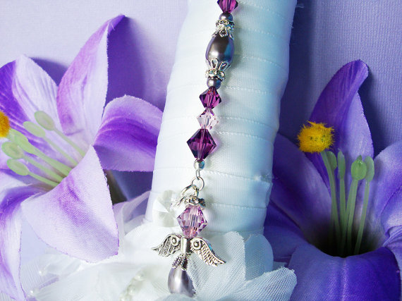 زفاف - Purple Wedding Bouquet Charm Amethyst Swarovski Crystal and Pearl Angel