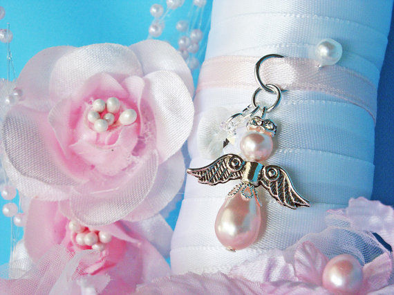 Mariage - Pink Wedding Bouquet Charm Swarovski Pearl Angel Bridal Bouquet Charm