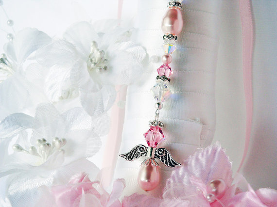 Wedding - Pink Wedding Bouquet Charm Swarovski Crystal and Pearl Angel Bridal Bouquet Charm